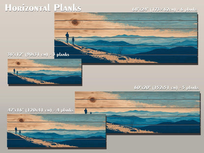 Mountain Ridge Hiking Print – Rustic Cabin Wall Art on Natural Wood Panels
