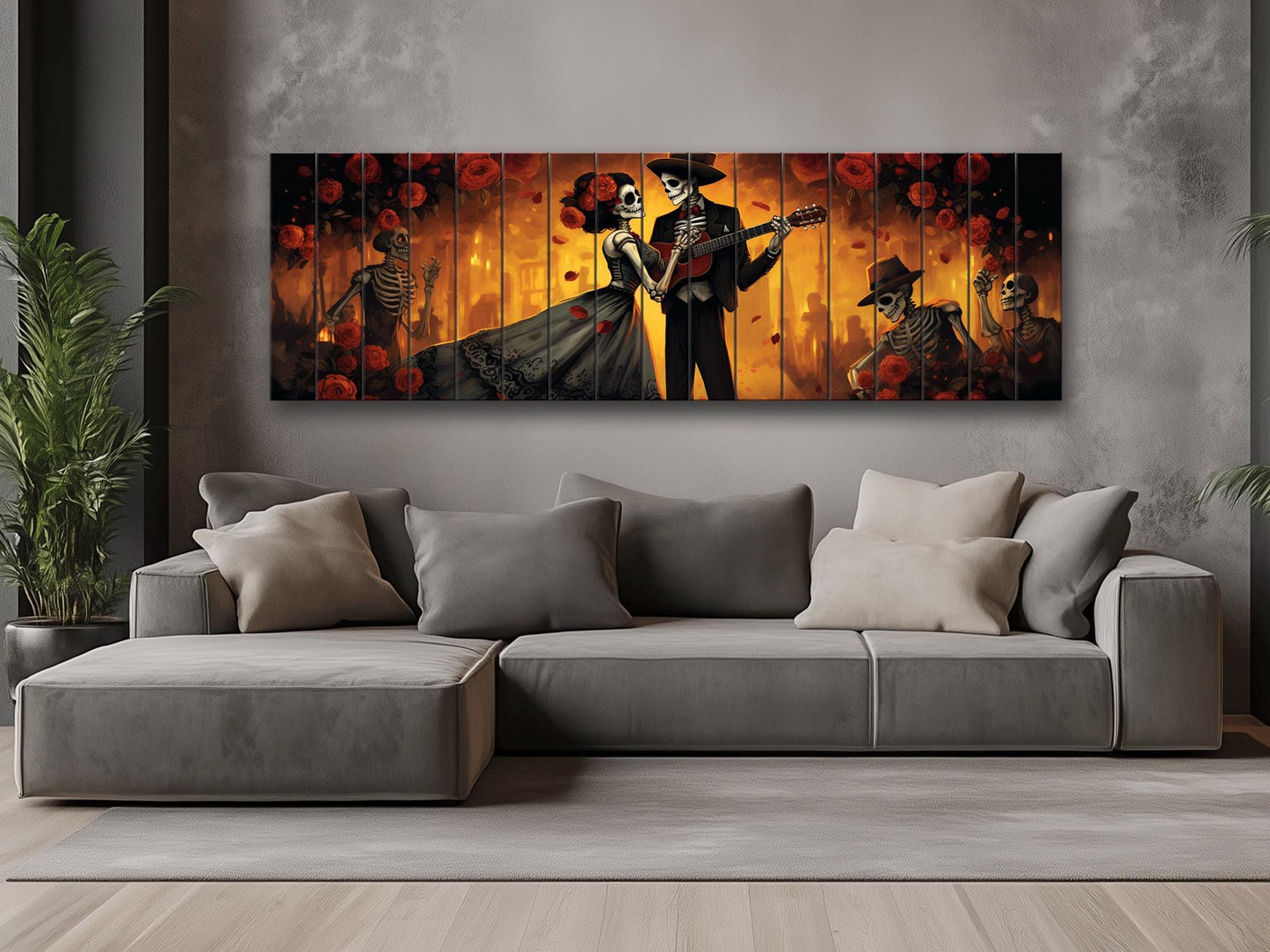 Day of the Dead Dancing Print On Natural Wood -Mexican Wall Art