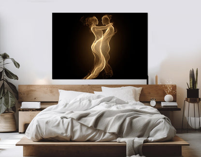 Romantic Canvas Wall Art – Sensual Golden Flame Couple Abstract Bedroom Decor