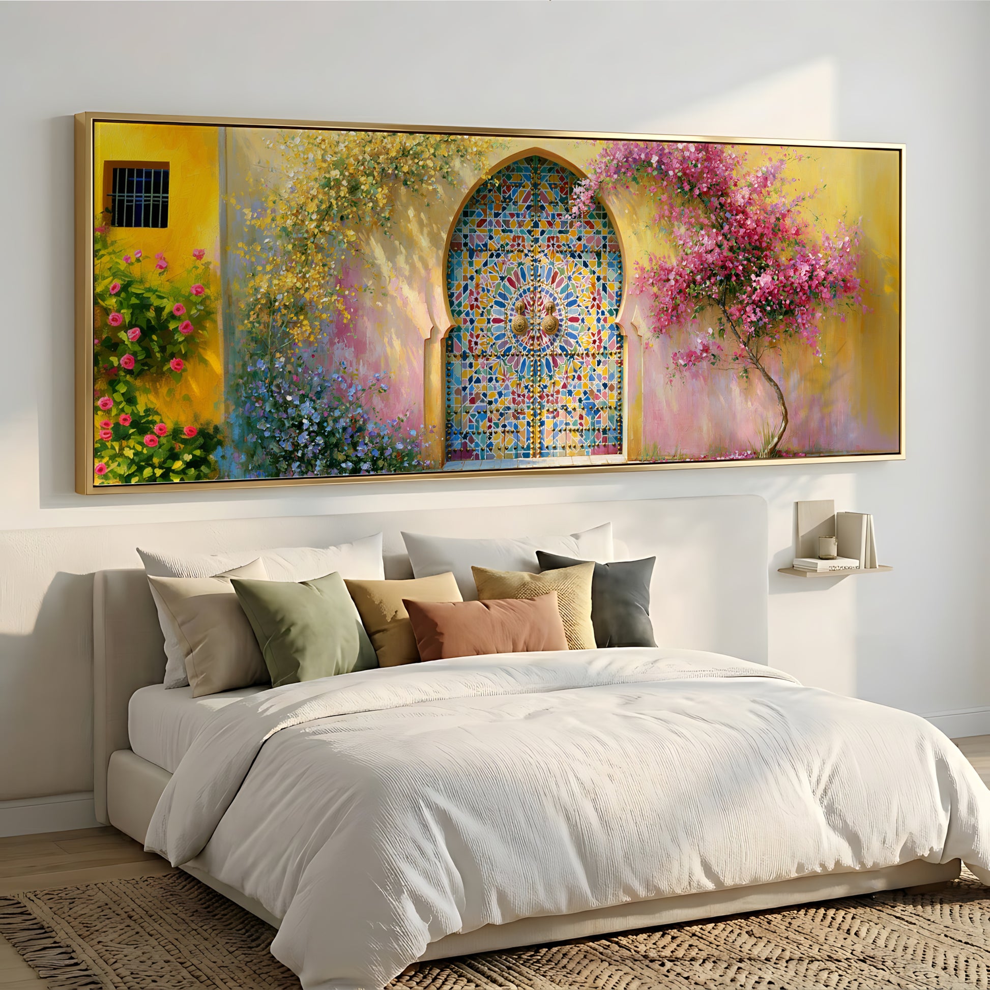 a large, colorful painting of a stained glass window above a bed with white bedding and pillows.