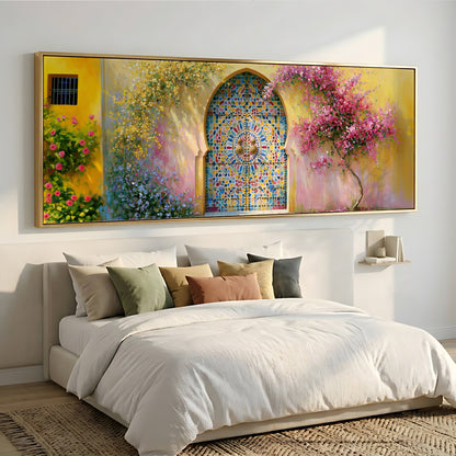 a large, colorful painting of a stained glass window above a bed with white bedding and pillows.