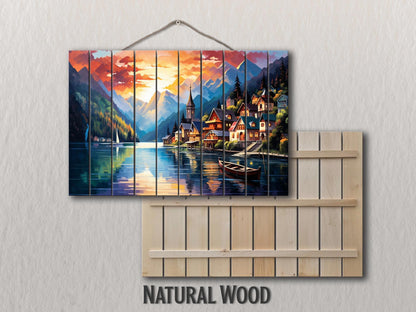 Wood Wall Art – Hallstatt Lake Print on Wood | Alpine Landscape Rustic Decor