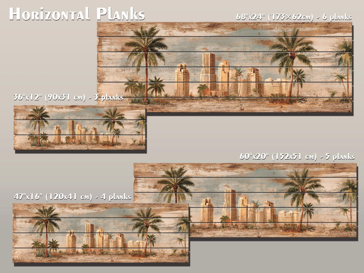 Miami Skyline Wood Print – Vintage Art Deco Cityscape on Rustic Wood Panels