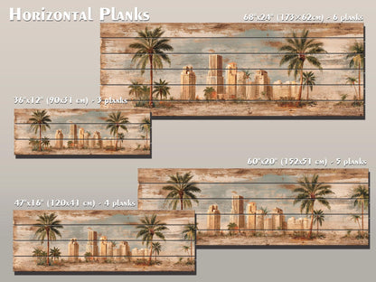 Miami Skyline Wood Print – Vintage Art Deco Cityscape on Rustic Wood Panels
