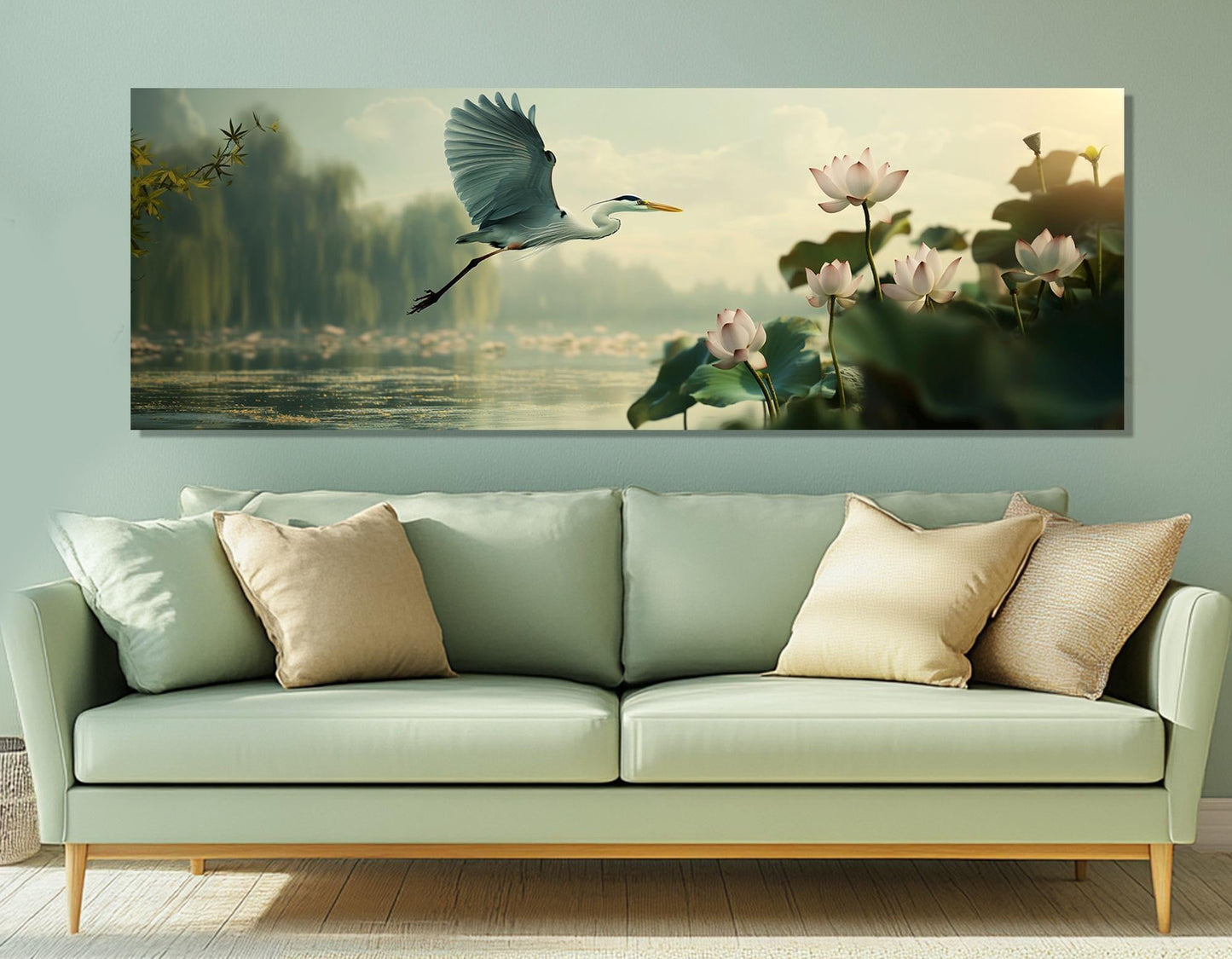 Flying Heron Canvas Print – Large Soft Colors Abstract Heron Painting | Ready to Hang