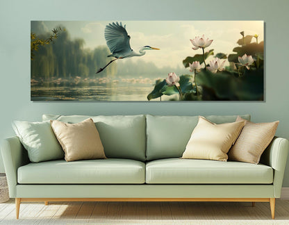 Flying Heron Canvas Print – Large Soft Colors Abstract Heron Painting | Ready to Hang