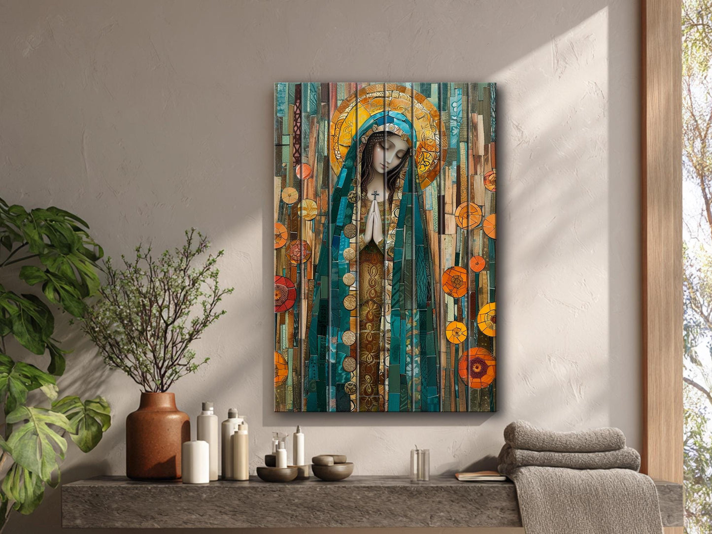 Saint Maria Wood Art – Natural Wood Print | Mosaic Religious Wall Decor