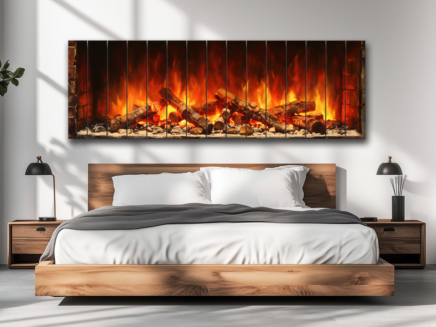 Fireplace Print on Natural Wood – Rustic Wall Art Home Decor