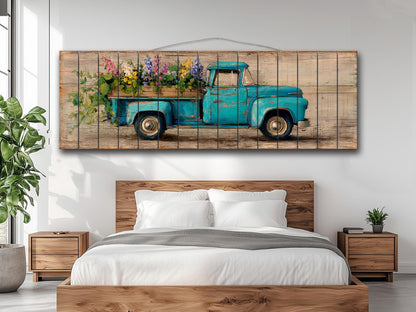 Rustic Wood Wall Art – Vintage Truck Print with Blue Flowers on Wood
