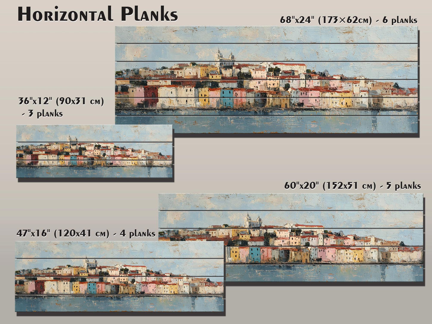 Lisbon Wood Print – Rustic Wall Art with Pastel Houses & Beige Sunlight on Distressed Wood