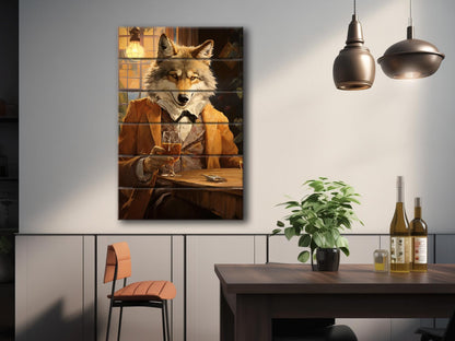 Wood Bar Wall Art – Wolf Bartender Artwork on Natural Wood Plank Print
