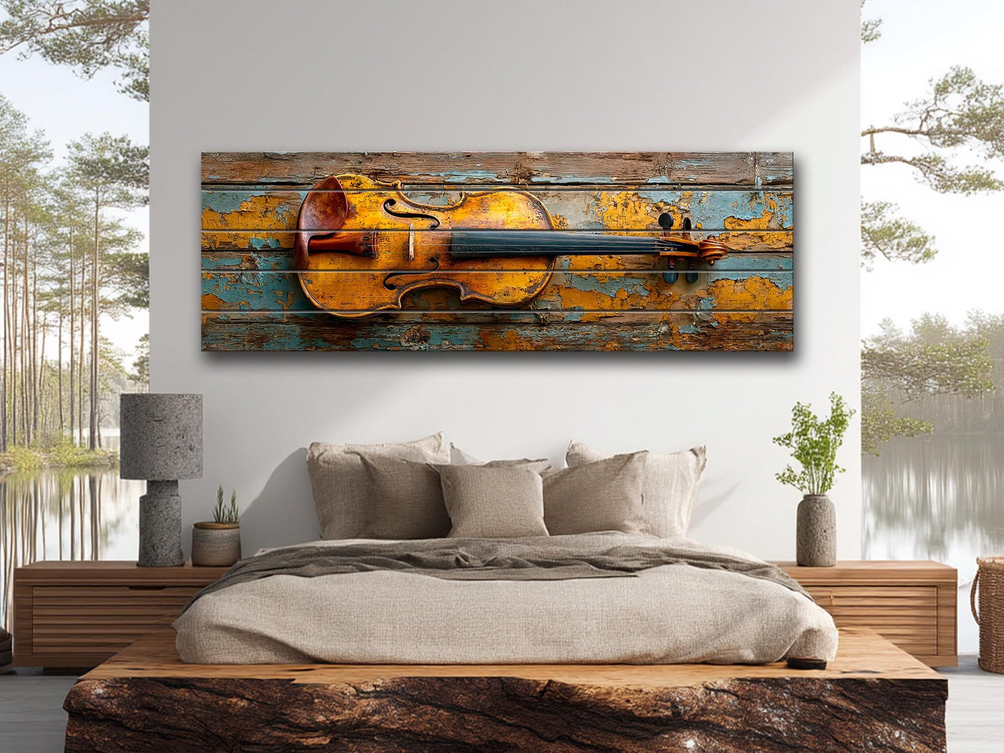 Violin Wood Print – Rustic Music Art on Smooth Linden Wood Planks | Farmhouse Wall Decor
