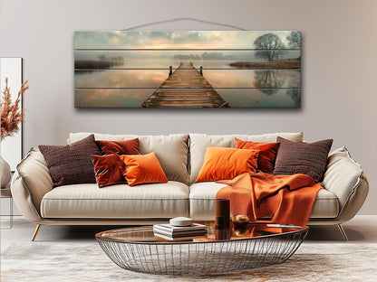 Wooden Dock Wall Art – Rustic Lake Decor on Natural Wood Print Panel