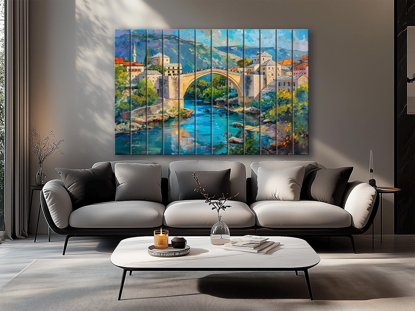 Bosnia Old Bridge Print on Wood, Rustic Mostar Bridge Painting, Bosnia and Herzegovina Wall Art, Bosnia Bridge Wood Print, Wood Wall Art