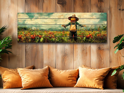 Rustic Farmhouse Wall Decor - Pumpkin Patch Print Wood Wall Art with Scarecrow