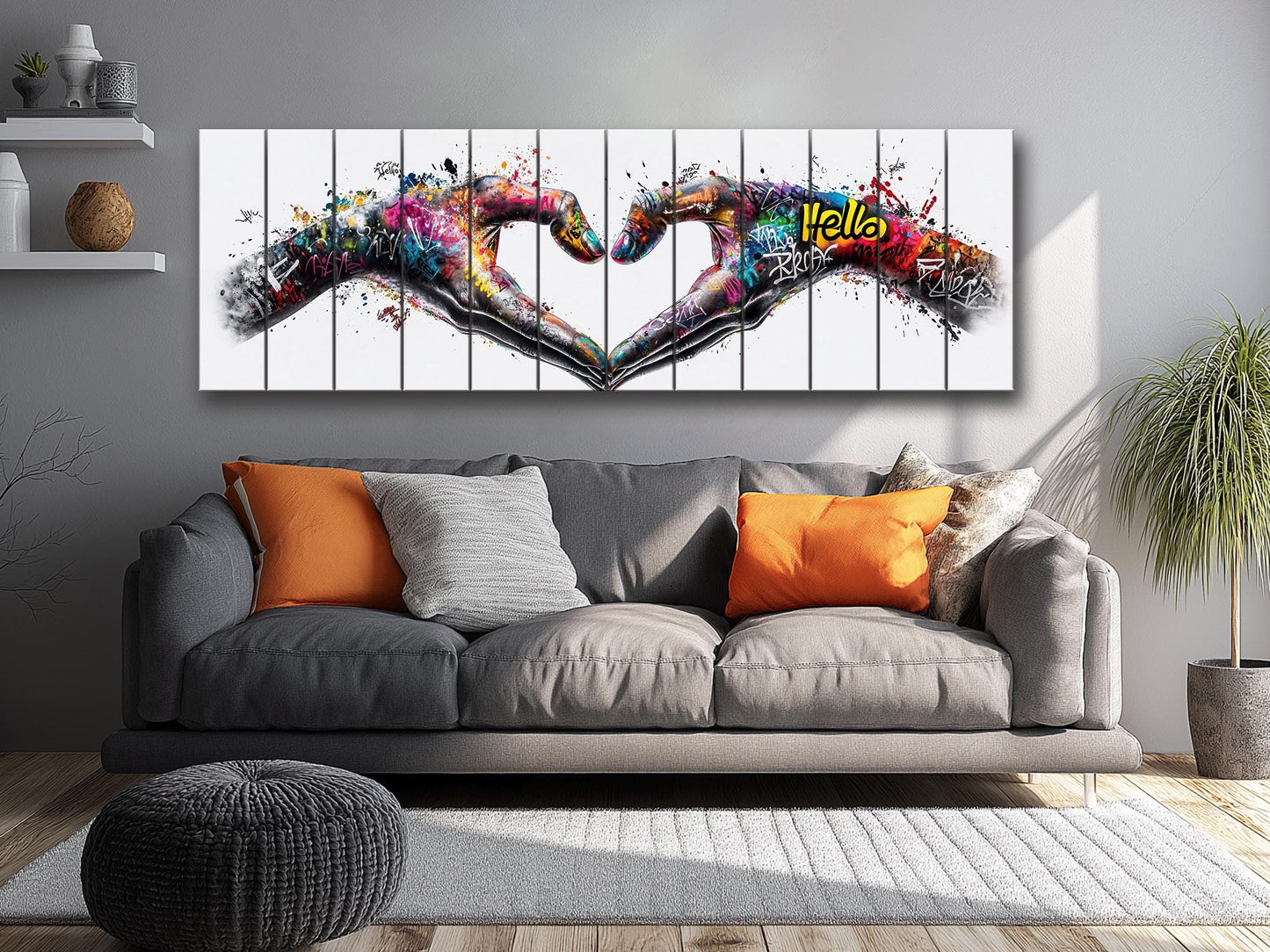 Heart Graffiti Style Painting Printed On  Natural Wood – Peace And Love Wall Art