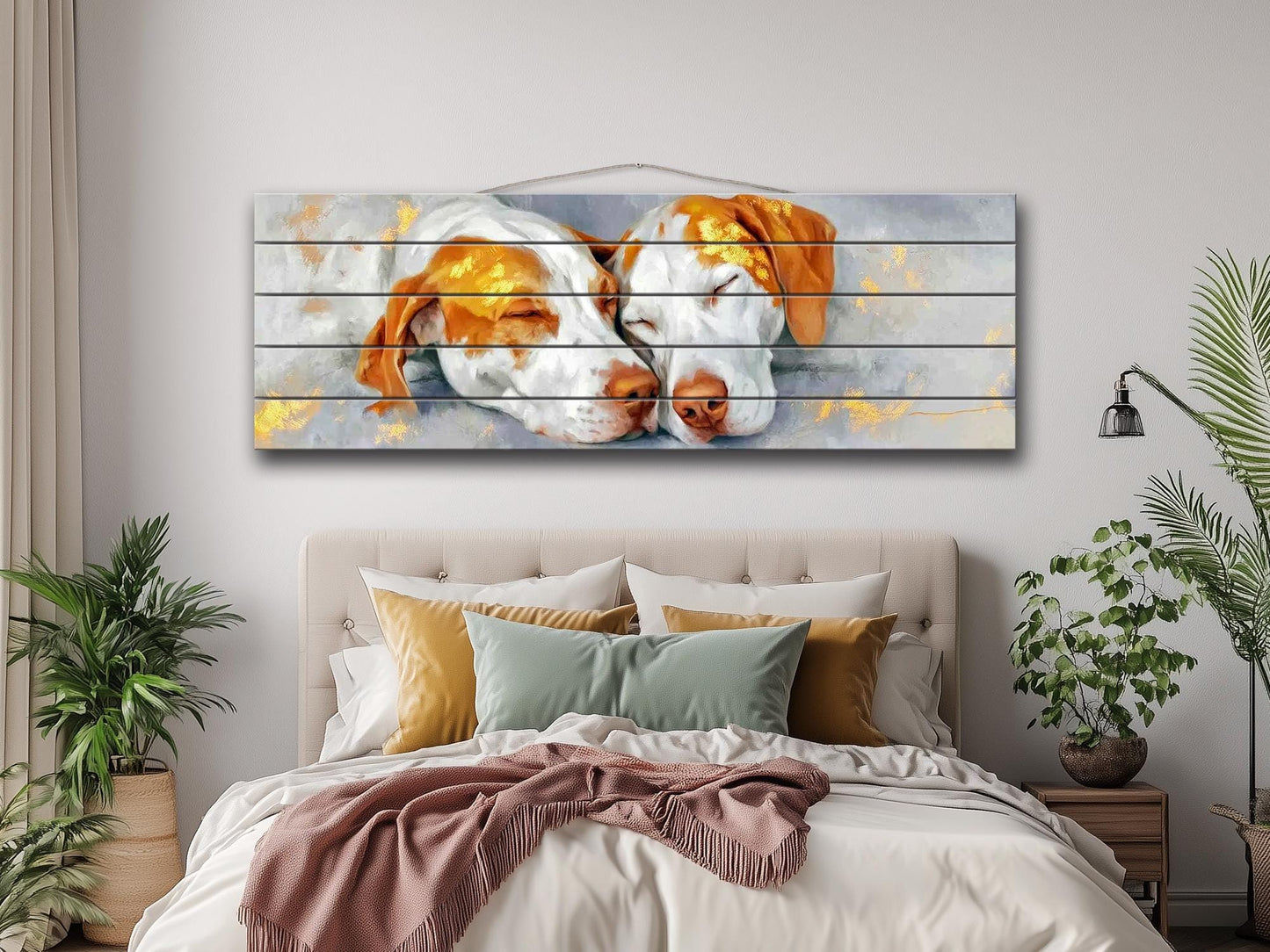Sleeping Pointer Dogs Print on Wood, Romantic Wall Decor
