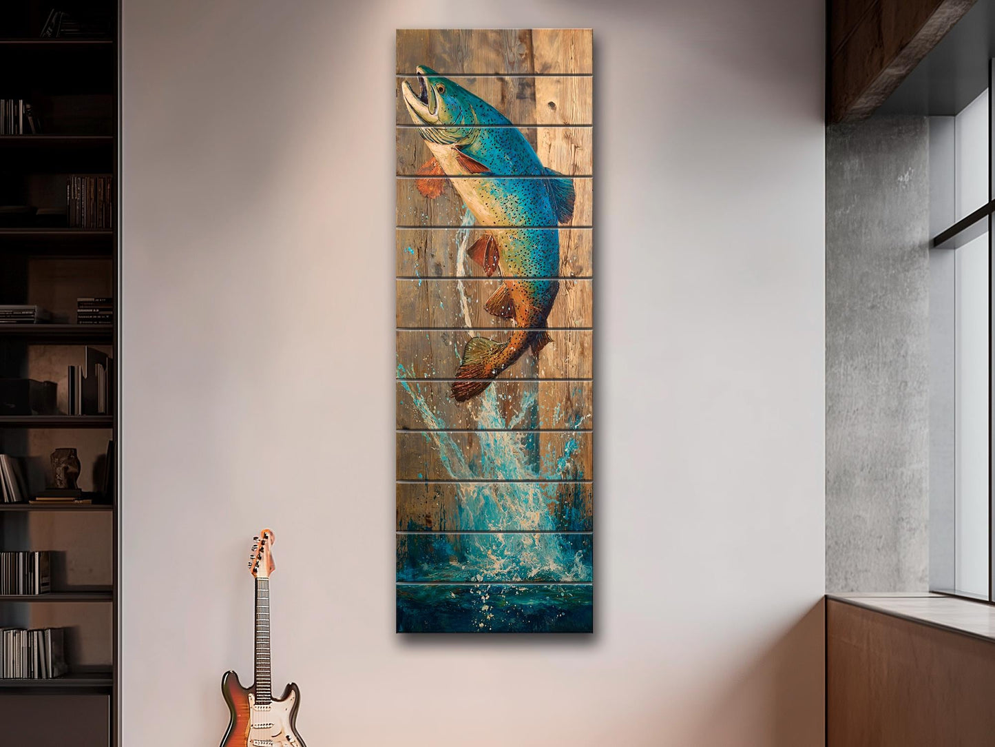Rustic Wood Wall Art - Trout Painting Print on Wood – Fishing Wall Decor – Leaping Fish Print on Natural Wood
