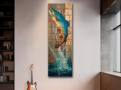 Rustic Wood Wall Art - Trout Painting Print on Wood – Fishing Wall Decor – Leaping Fish Print on Natural Wood