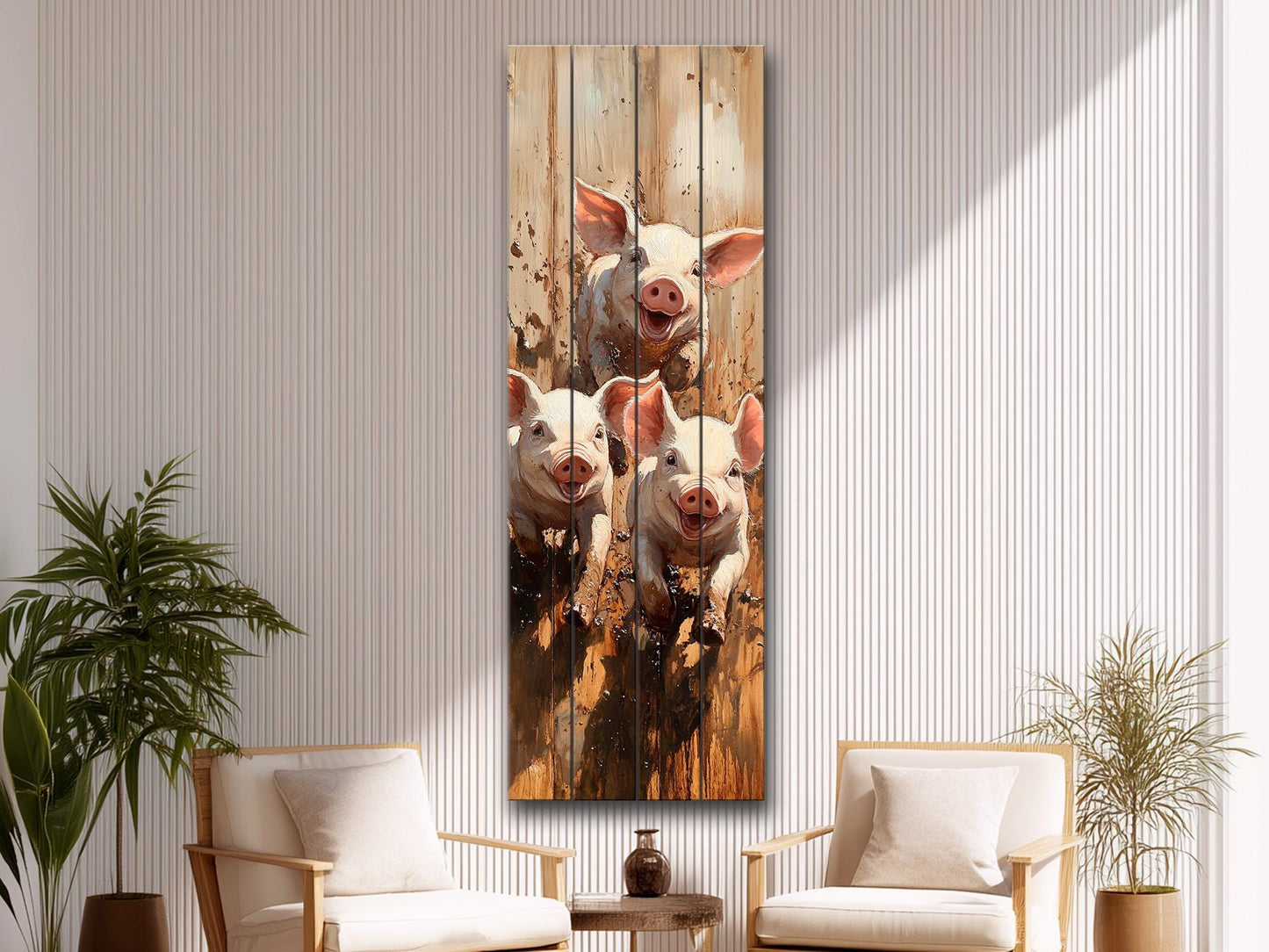 Playful Piglets in Muddy Pen Painting Printed on Natural Wood – Farm Animal Print on Rustic Linden Wood with Sunshine and Country Colors