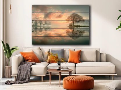 Sunset Lake Print on Wood, Trees Reflection Landscape, Rustic Nature Wall Decor