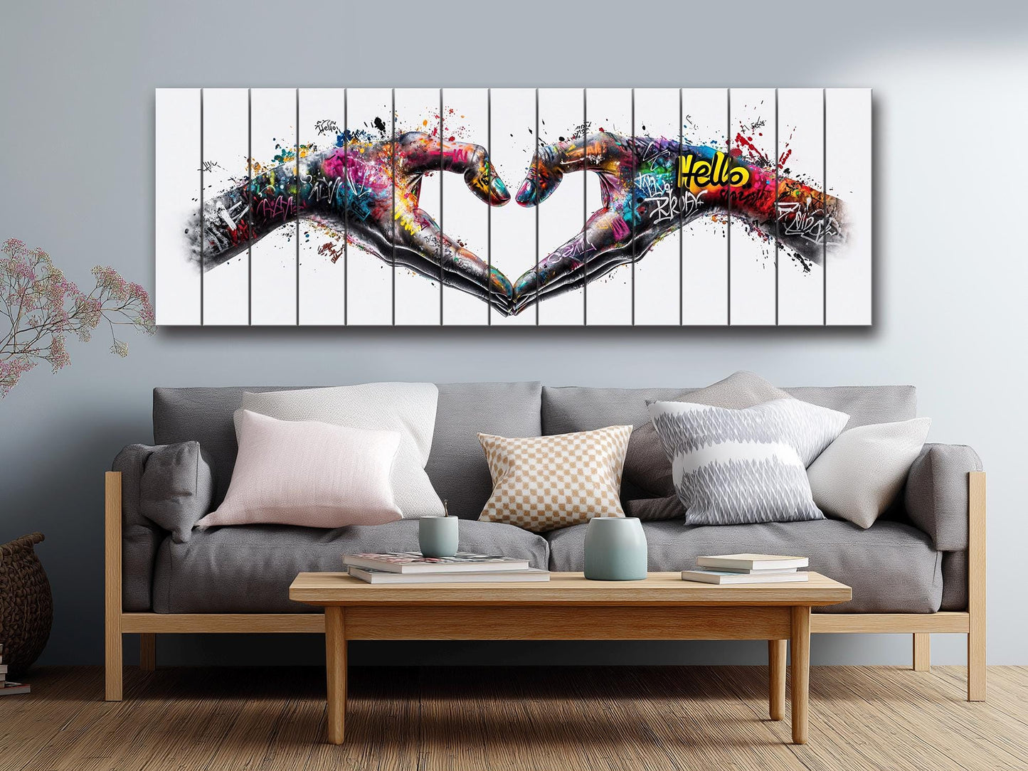 Heart Graffiti Style Painting Printed On  Natural Wood – Peace And Love Wall Art