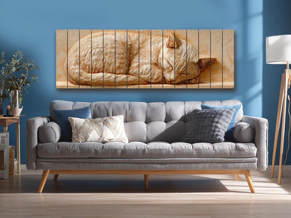Sleeping Cat Wood Art – Rustic Wood Decor | Beige Wall Art | Cozy Home Print