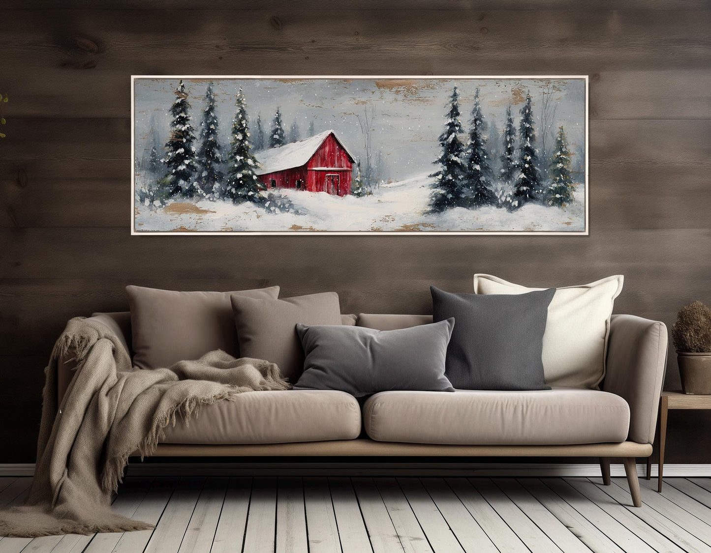 Winter Wall Decor – Snowy Landscape Print With Rustic Barn Canvas, Framed
