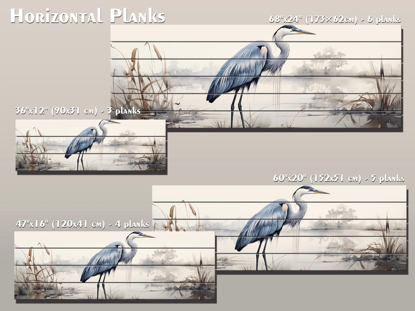 Rustic Heron Wall Art – Wooden Bird Print on Natural Wood Plank Artwork