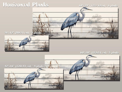 Rustic Heron Wall Art – Wooden Bird Print on Natural Wood Plank Artwork
