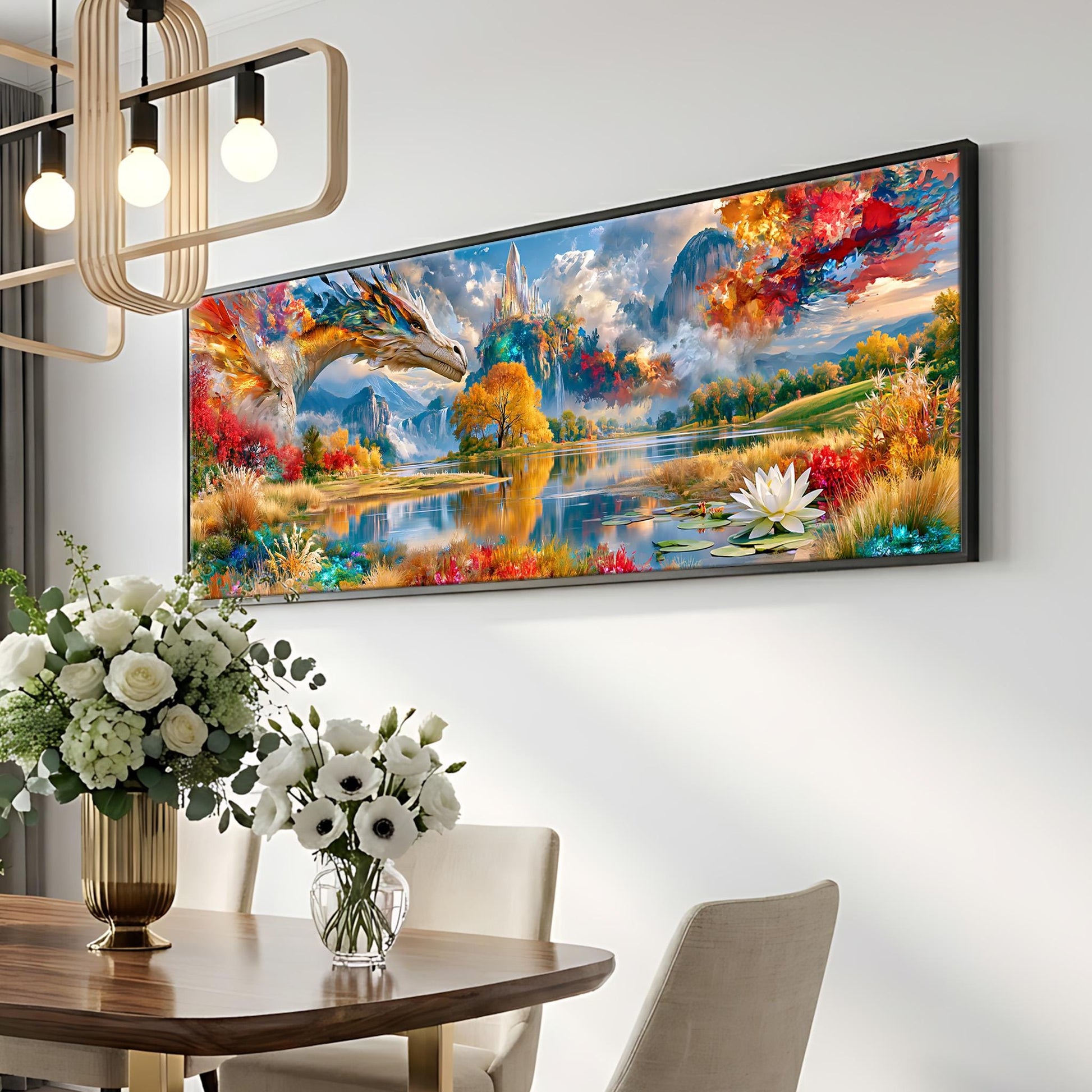 a large, colorful painting of a landscape with a dragon, flowers, and a lake, hanging on a wall above a dining table with a vase of flowers.