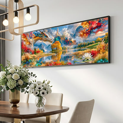 a large, colorful painting of a landscape with a dragon, flowers, and a lake, hanging on a wall above a dining table with a vase of flowers.