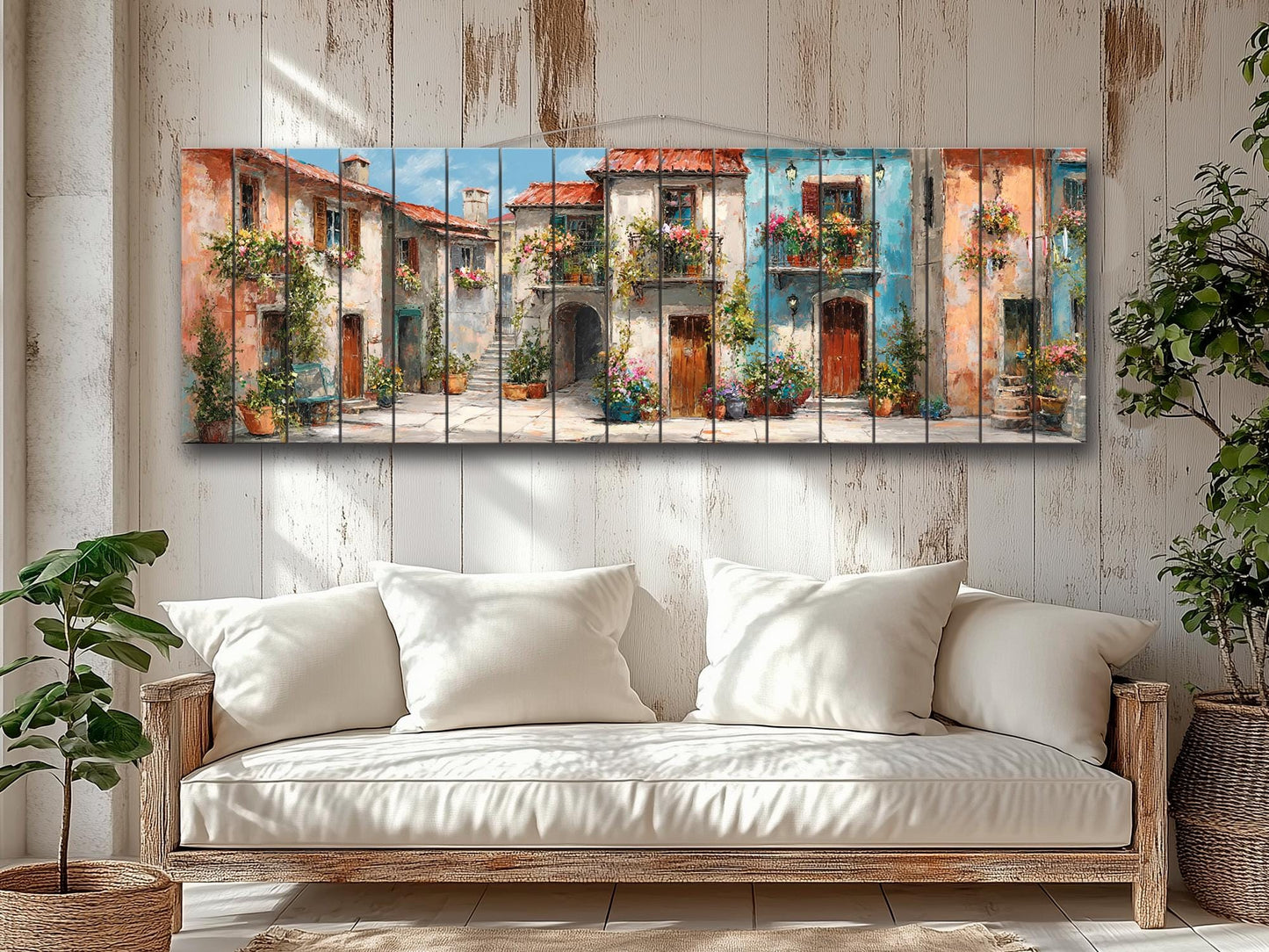 Italian Wood Wall Art - Handcrafted Wood Print Featuring Flower Balcony & Rustic Decor