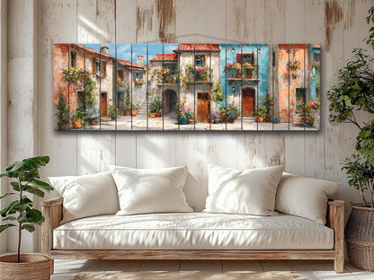 Italian Wood Wall Art - Handcrafted Wood Print Featuring Flower Balcony & Rustic Decor