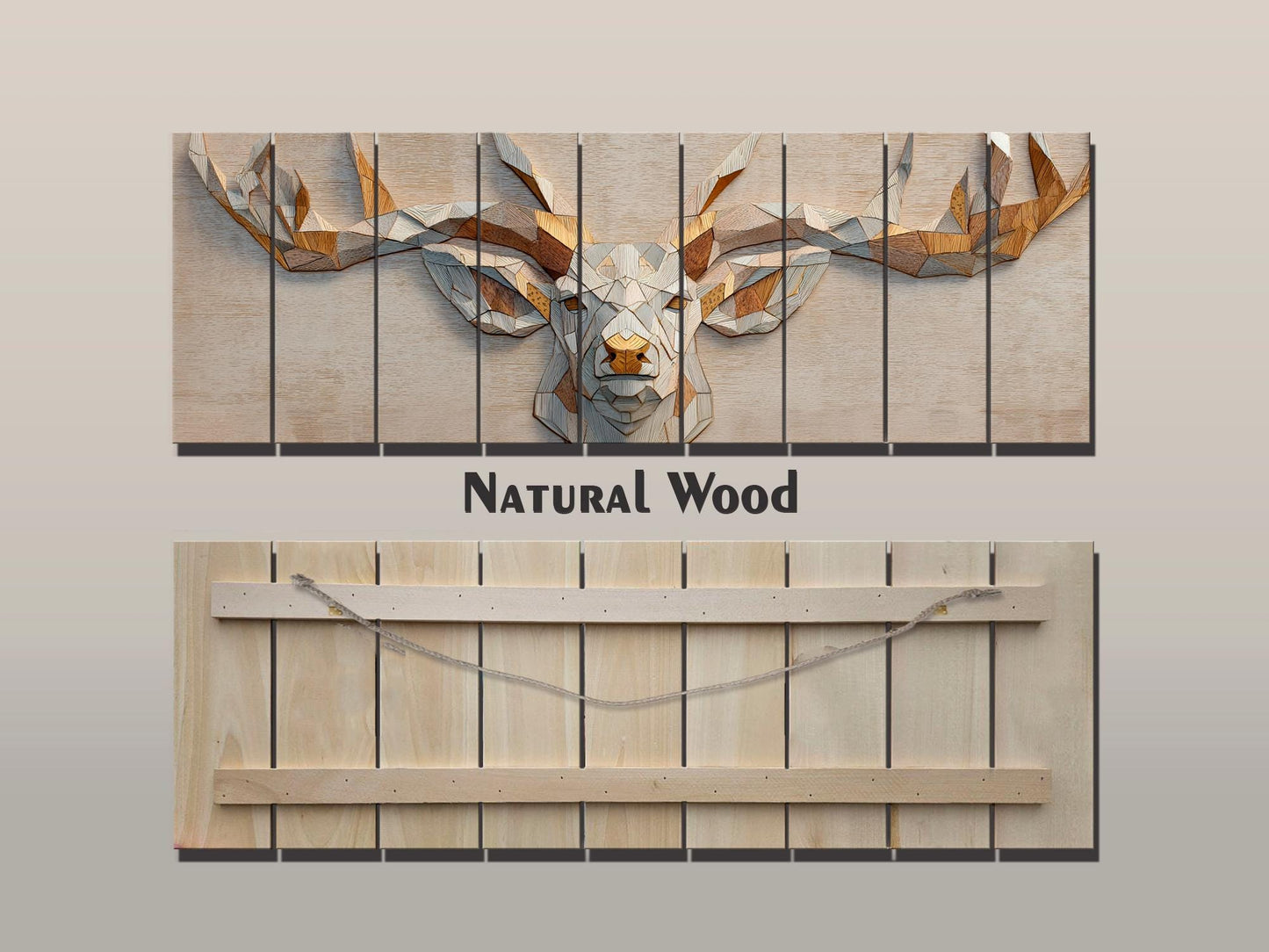 Deer Print Wood - Geometric Antlers Art | Rustic Wildlife Wall Art With Gold Accent