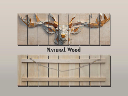 Deer Print Wood - Geometric Antlers Art | Rustic Wildlife Wall Art With Gold Accent
