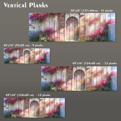 The image is a collage of four different images, each depicting a vibrant and colorful scene with a focus on vertical planks and a floral background. The images vary in size, ranging from 70" x 22" to 17" x 60", and each one showcases a different aspect of the floral design, such as the pattern, the color palette, or the overall composition. The images are arranged in a grid format, with each row representing a different size and each column representing a different aspect of the floral design.