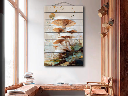 Wood Wall Art – Rustic Nature Print with Forest Mushrooms – Cozy Farmhouse Decor
