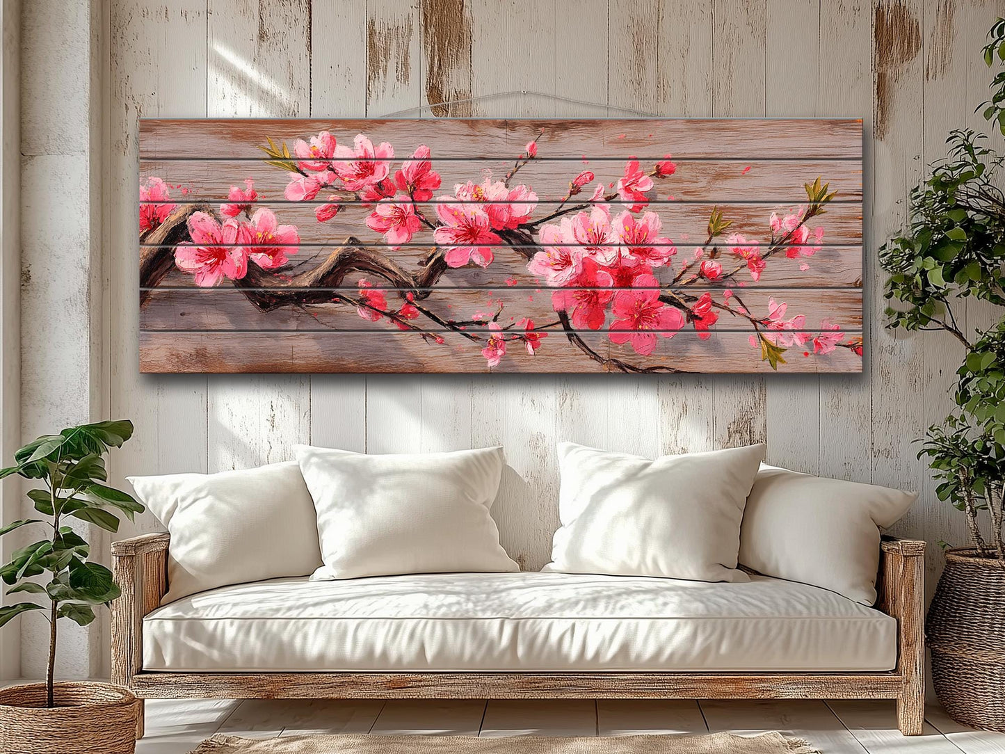 Wood Wall Art - Sakura Branch Painting Printed on Natural Wood, Sakura Tree Print, Japanese Wall Art, Rustic Japanese Wall Decor