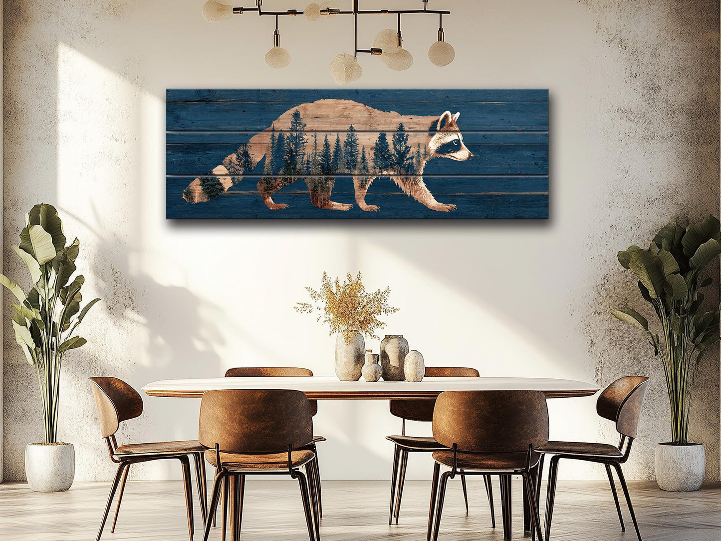 Raccoon Wall Art – Rustic Woodland Forest Silhouette on Natural Wood Planks