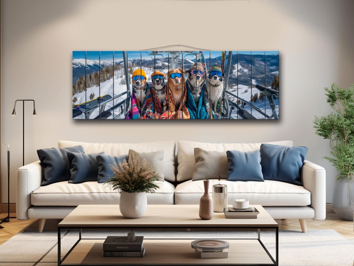 Skiing Dogs Wall Art – Mountain Wood Print | Cozy Winter Cabin Decor