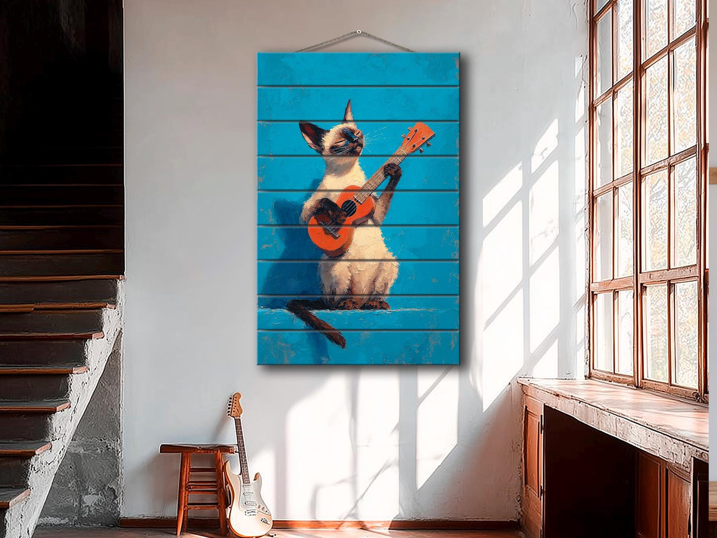 Siamese Cat Wall Art – Wood Wall Art Print of Guitar Playing Cat on Natural Wood