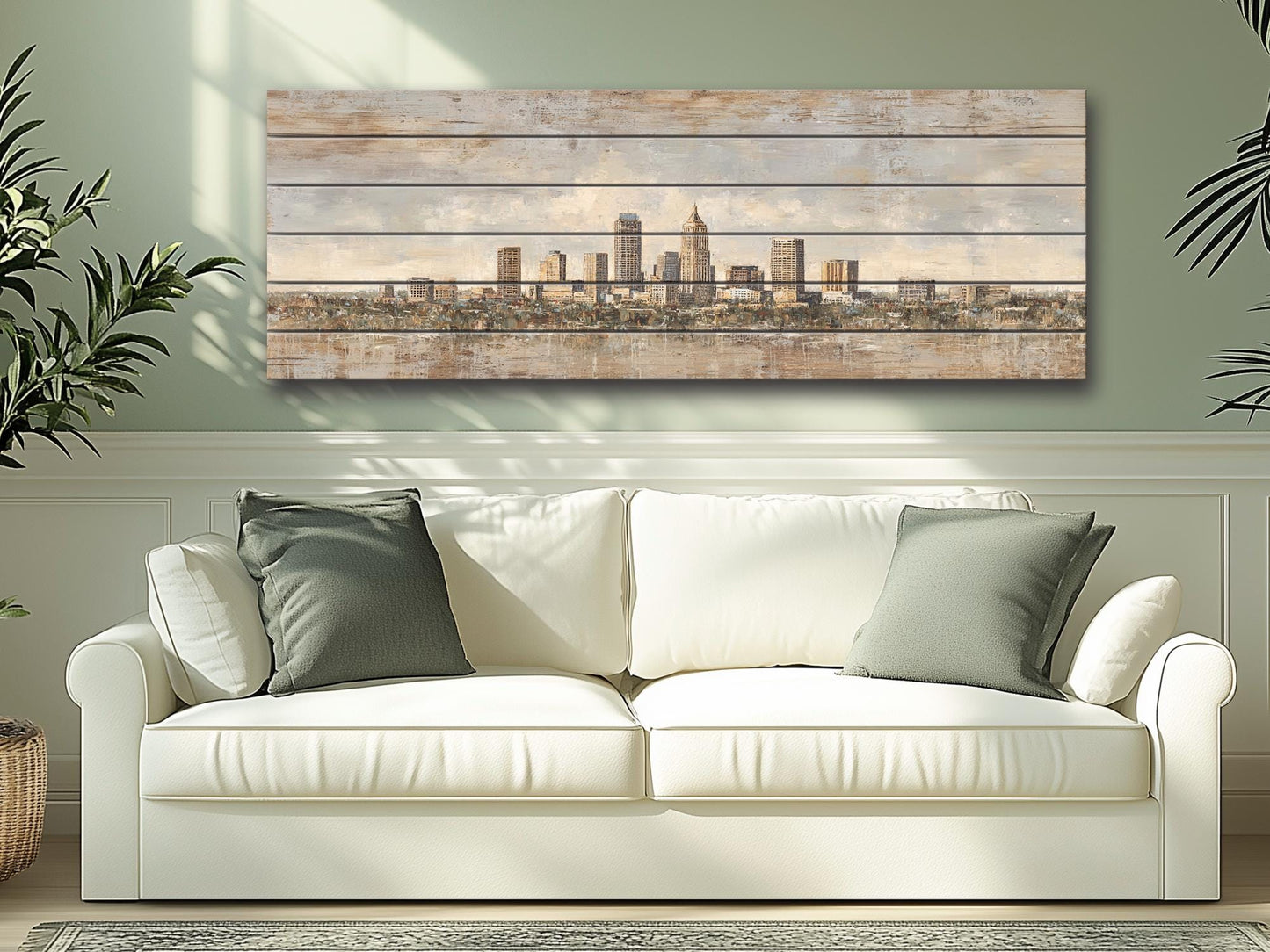 Indianapolis Skyline Wood Print – Rustic Wood Art | Beige Sunlight Painting