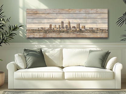 Indianapolis Skyline Wood Print – Rustic Wood Art | Beige Sunlight Painting
