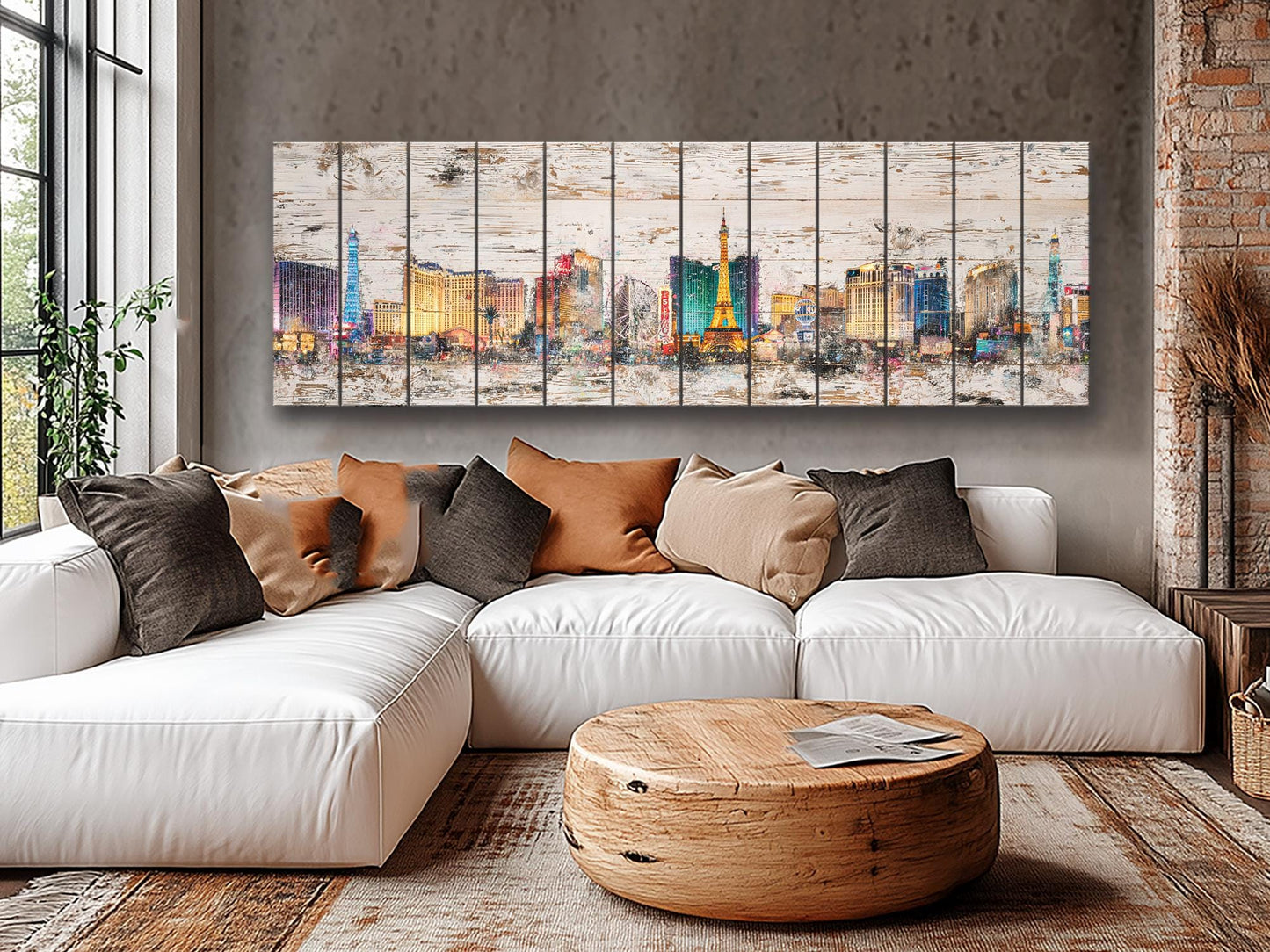 Rustic Las Vegas Painting – Panoramic Wood Wall Art with Neon Lights Print