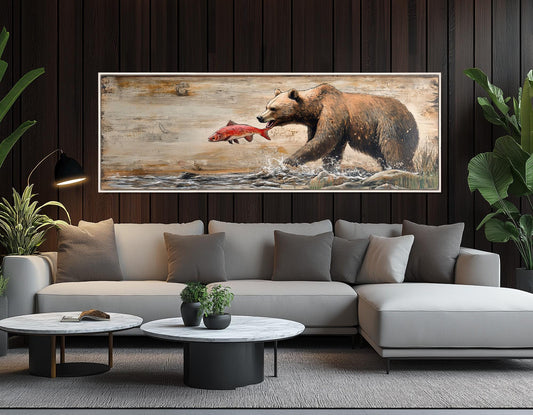 Grizzly Bear Canvas Print – Rustic Bear Painting | Fishing Lodge Decor, Ready to Hang