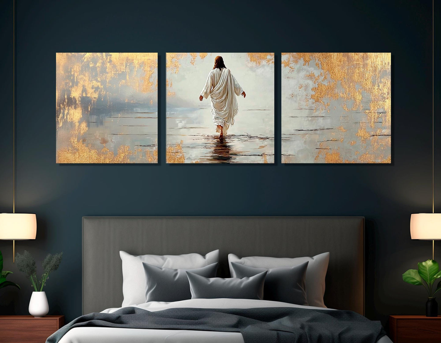 Jesus Walking on Water Religious Wall Art – Framed Canvas Print with Gold Leaf Accents