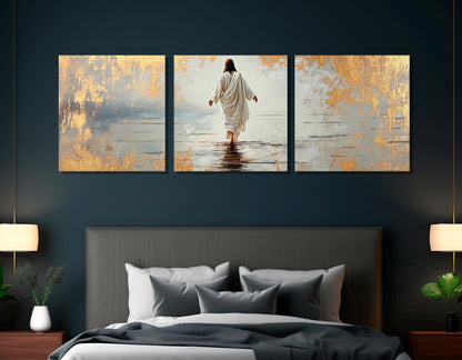 Jesus Walking on Water Religious Wall Art – Framed Canvas Print with Gold Leaf Accents