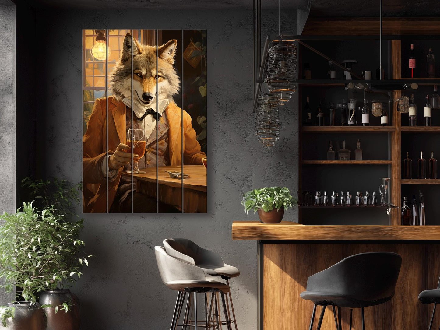 Wood Bar Wall Art – Wolf Bartender Artwork on Natural Wood Plank Print