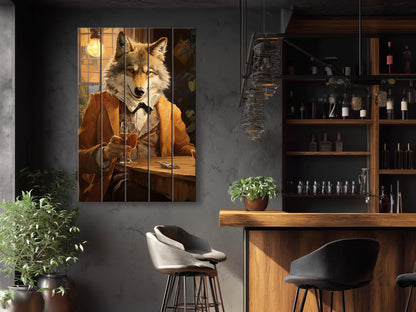Wood Bar Wall Art – Wolf Bartender Artwork on Natural Wood Plank Print